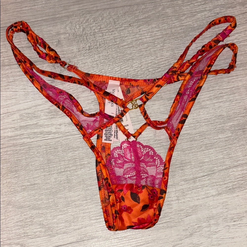 Floral Lace Strappy Thong in Orange,  Pink and Black Size Small NWT